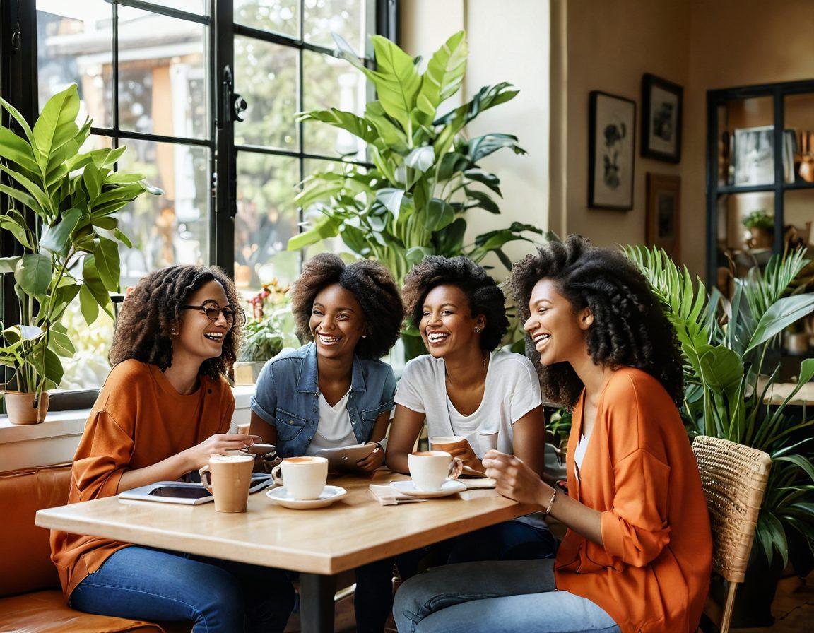 A cozy lifestyle scene featuring a diverse group of friends laughing and sharing stories over coffee in a sunlit café, surrounded by vibrant plants and tasteful décor. Include elements like open laptops and journals to suggest blogging, with warm and inviting colors to evoke a sense of community and engagement. super-realistic. vibrant colors. soft focus.