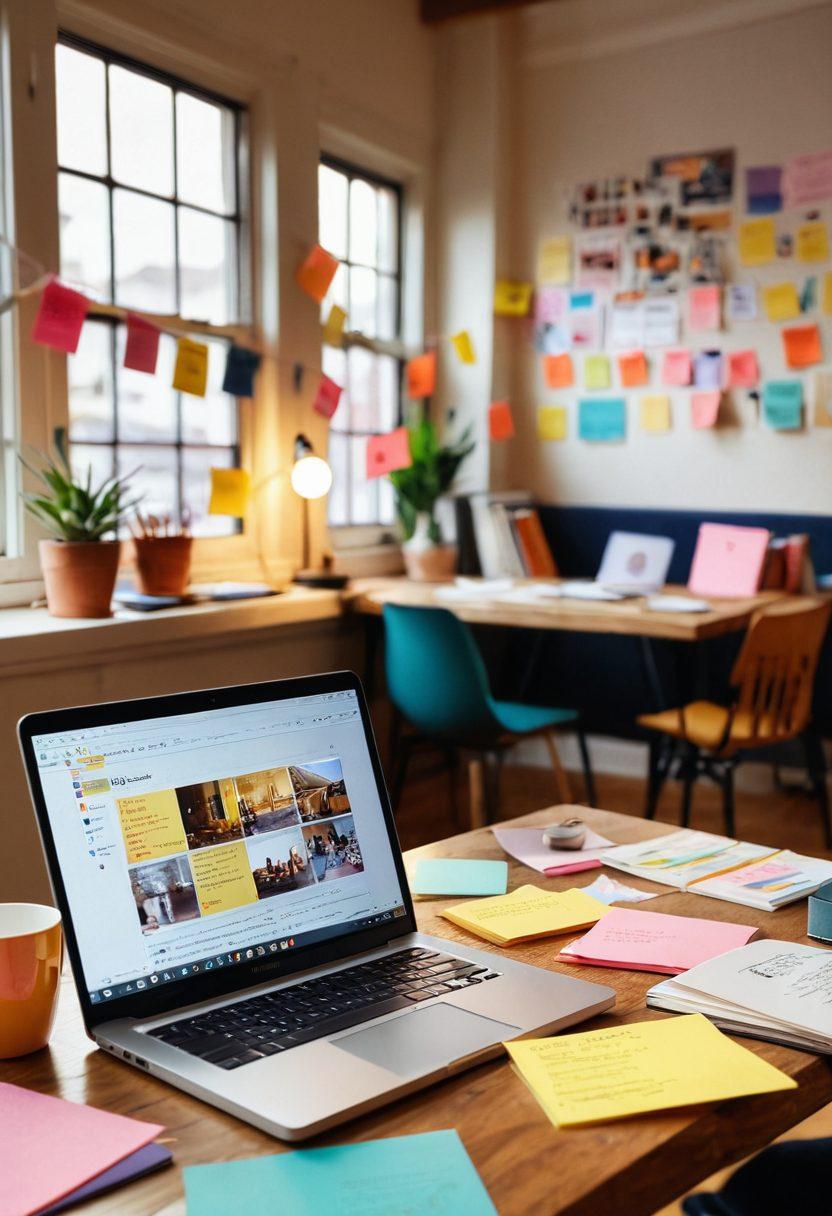 A cozy, inviting workspace featuring an open laptop displaying a vibrant online journal, surrounded by handwritten notes and colorful sticky notes. In the background, a diverse group of friends chatting and sharing stories, symbolizing community connection. Soft lighting and warm colors create a welcoming atmosphere, illustrating the journey from personal stories to community building. 3D. vibrant colors. soft focus.