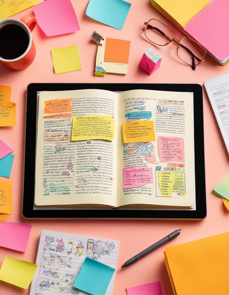 An open diary glowing on a digital tablet, surrounded by colorful sticky notes and vibrant drawings that represent various lifestyle themes like travel, food, and fashion. The background features abstract digital elements symbolizing storytelling, such as flowing text and whimsical icons. Warm lighting and inviting colors to evoke a creative atmosphere. super-realistic. vibrant colors. 3D.
